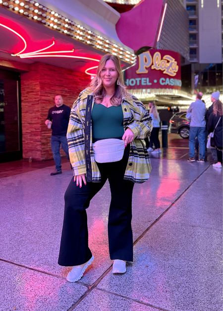 Plus Size Vegas Outfit! Wearing side-slit Spanx pants (use code ASHLEYDXSPANX for a discount) in a size 2X, Abercrombie bodysuit in a size XL, old shacket from JCPenney, quilted bag from Lane Bryant, On Cloud sneakers. Earrings are Amazon and necklace is The Sis Kiss (use code ASHLEY15 for a discount)

#LTKcurves #LTKtravel #LTKstyletip