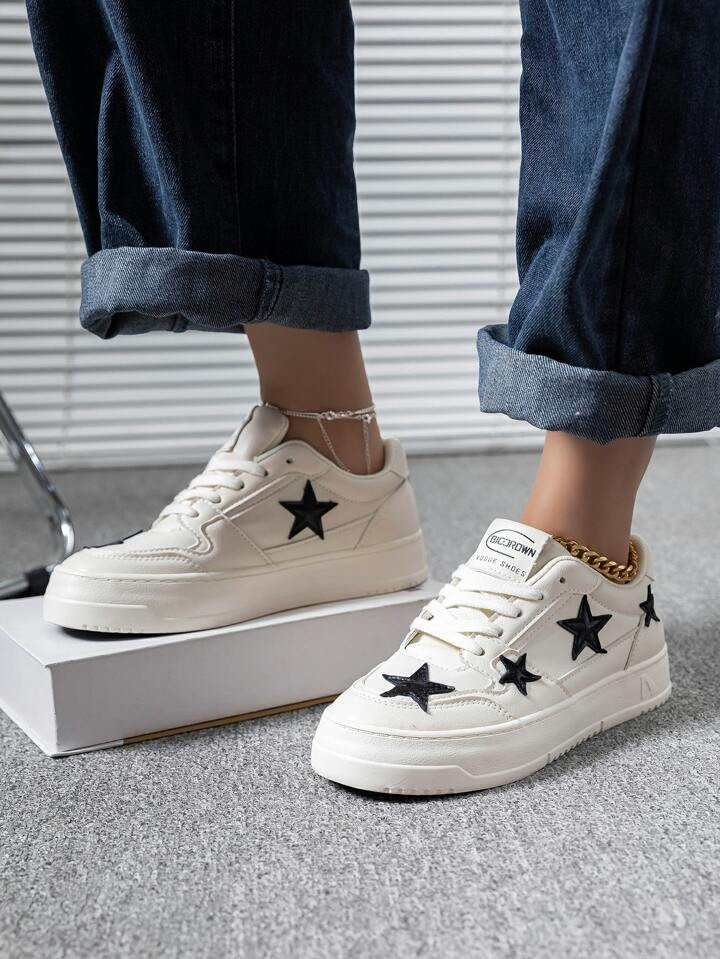 Women's White Outdoor Antiskid Sport Leisure Shoes With Stars Decoration, Low-top, Round Toe | SHEIN