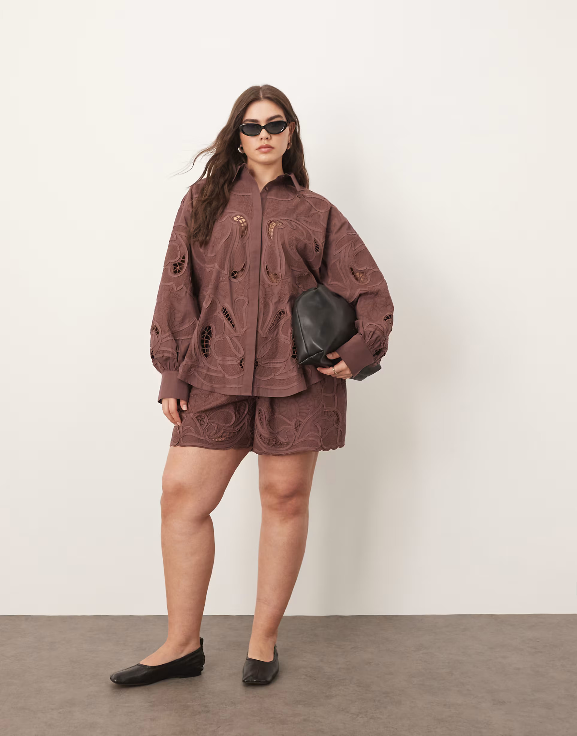 ARRANGE Curve cotton mirrored floral embroidered cutwork shirt co-ord in chocolate | ASOS (Global)