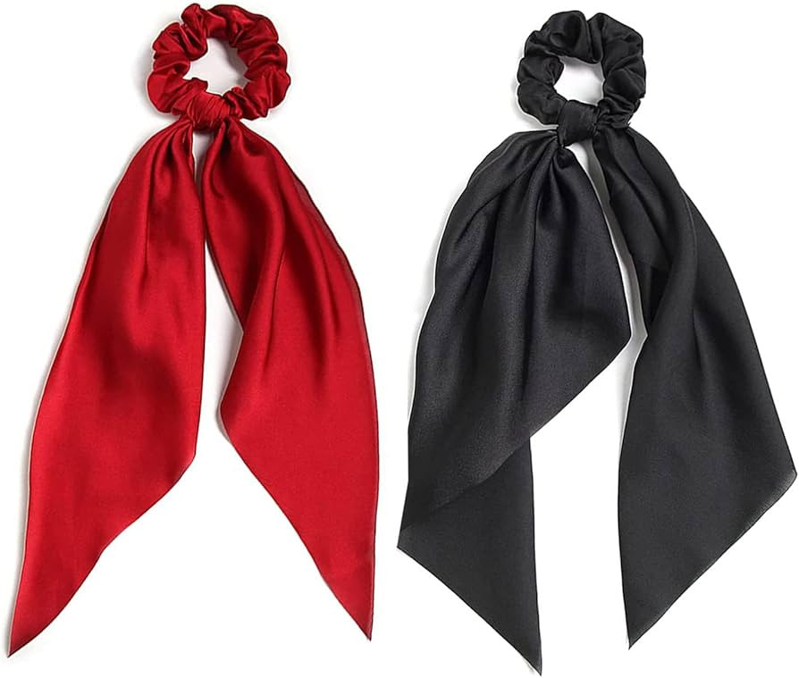 2 PCS Hair Scrunchies Scarf Red Black Hair Ribbon Satin Silk Elastic Hair Tie Bow Bands Ponytail ... | Amazon (US)
