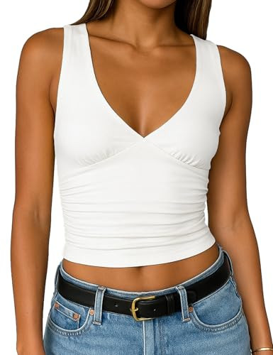 ForeFair Womens Deep V Neck Crop Tank Tops Going Out Double Lined Sexy Crop Top Sleeveless Slim Fit Y2k Summer Tops White,S | Amazon (US)