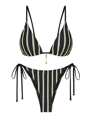 ZAFUL Black Bathing Suits Crochet Bikini Sets for Women Cheeky Two Piece Bathing Suits Striped Brazilian High Cut Knit Swimsuit Tie Side for Vacation | Amazon (US)