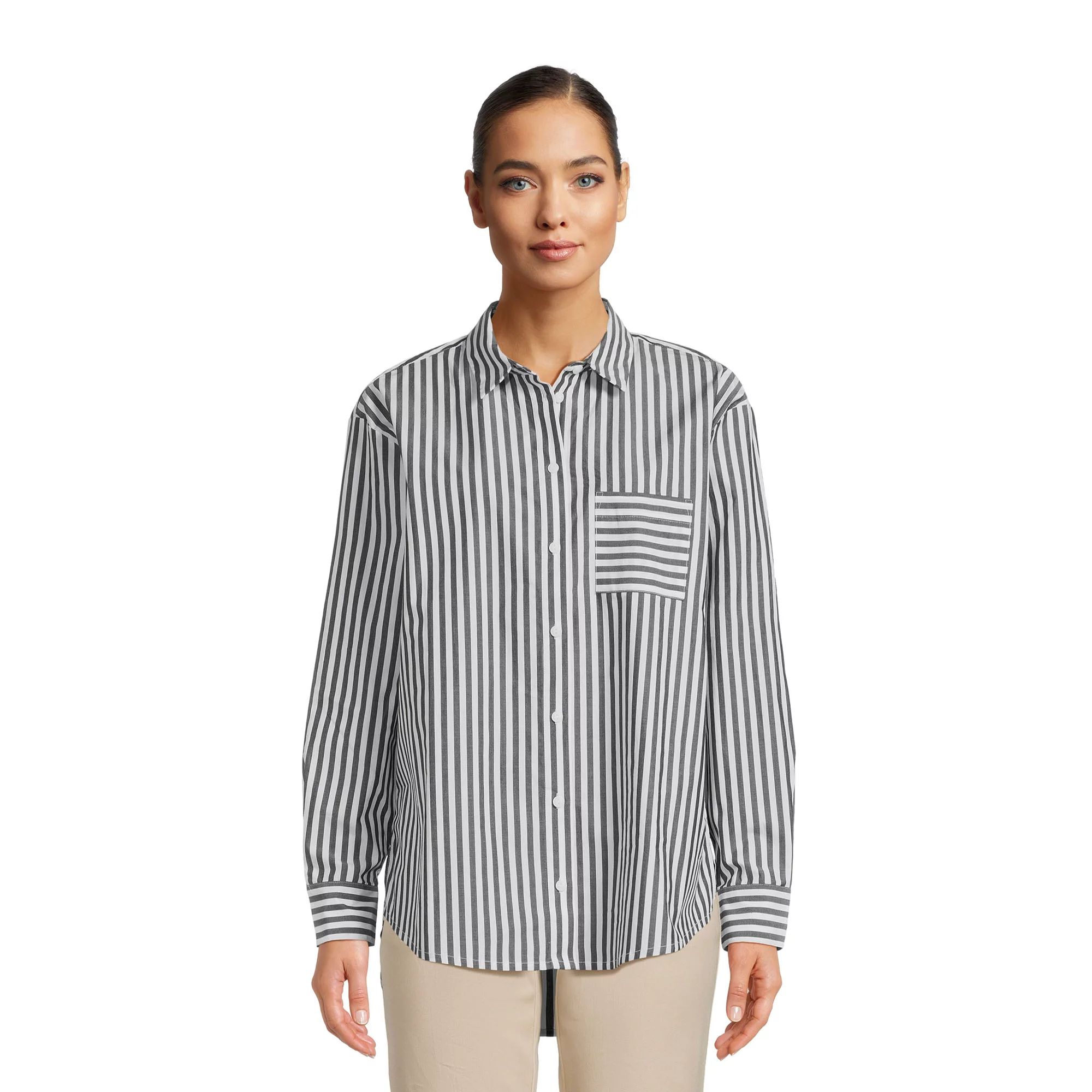 Time and Tru Women's Oversized Shirt with Long Sleeves, Sizes XS-3XL - Walmart.com | Walmart (US)