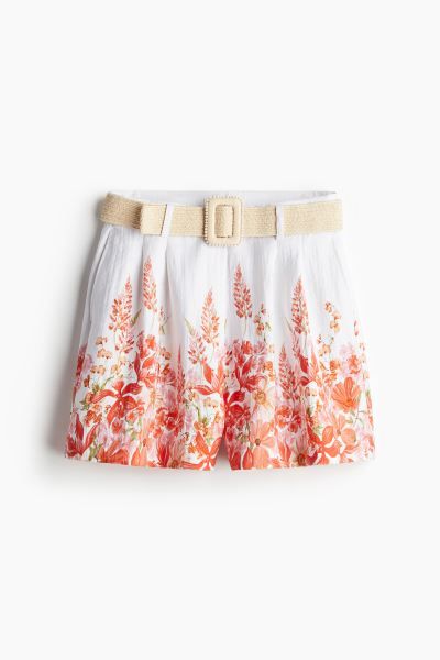 Belted Twill Shorts - High waist - Short - Coral red/floral - Ladies | H&M US | H&M (US + CA)