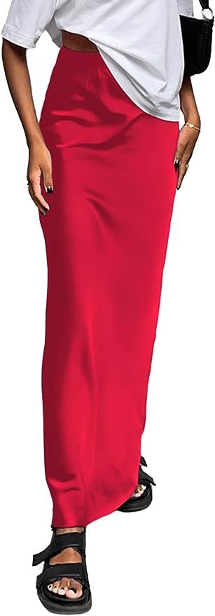 Vrtige Elegante falda larga de satén sedoso de cintura alta con cremallera y línea A para mujer | Amazon (US)