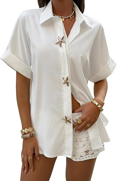 Womens Short Sleeve Shirts with Starfish Button Loose Fit Collared Blouse Basic Cute Tops Beach O... | Amazon (US)