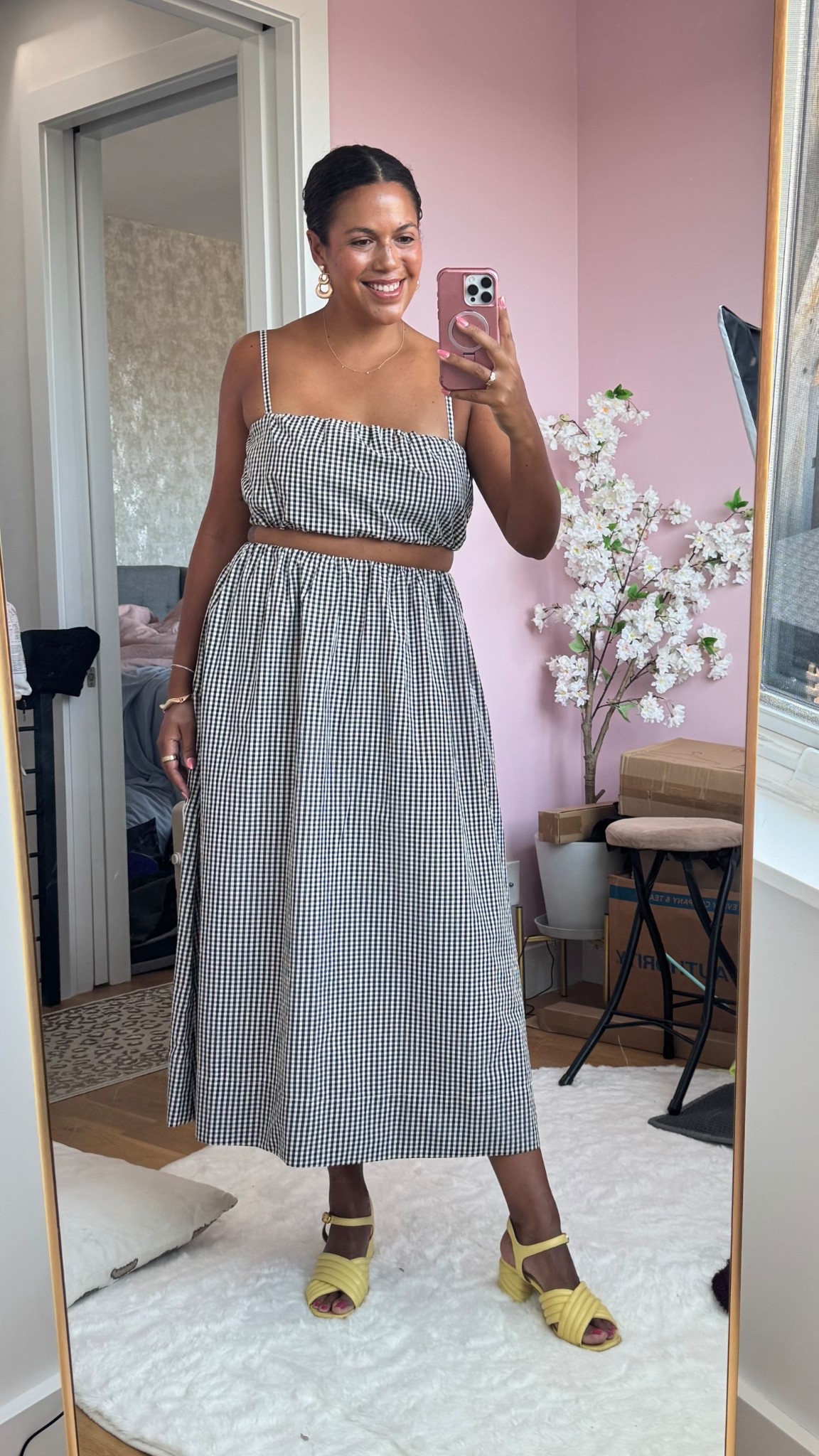 Feeling like a dreamy picnic in this gingham French Connection set! Wearing a size large in both pieces, it runs TTS  Since the set is black and white, I paired it with bright yellow heeled sandals for fun pop of color. Added gold jewelry and was off to a dinner out!

#LTKSeasonal #LTKMidsize #LTKStyleTip