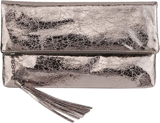 JNB Women's Cracked Metallic Fabric Foldover Clutch with Tassel | Amazon (US)