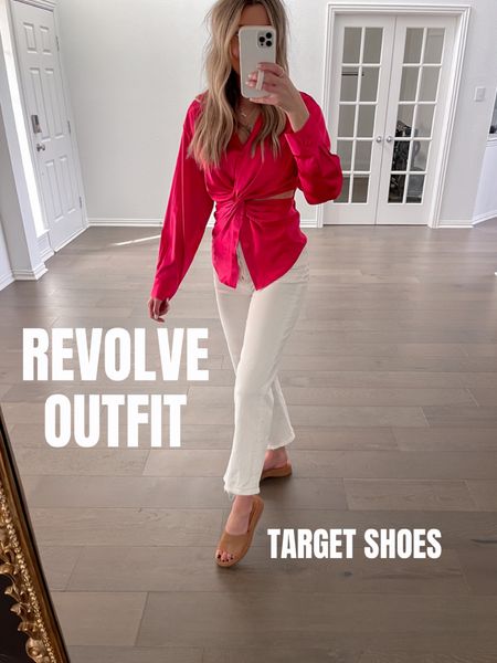 Shirt: size S, true to size 
Pants: size 26, true to size 

This top is so fun for spring! Super comfortable and flattering with the cutouts. These are my go to white jeans, really comfortable (Levi’s). 

(Revolve outfit, revolve haul, pink top, cutout top, blouse, brunch outfit, date night outfit, day outfit, Steve Madden, target shoes, nude sandals, spring heels, spring shoes, white jeans, fit, ootd)

#LTKfit #LTKstyletip #LTKunder100