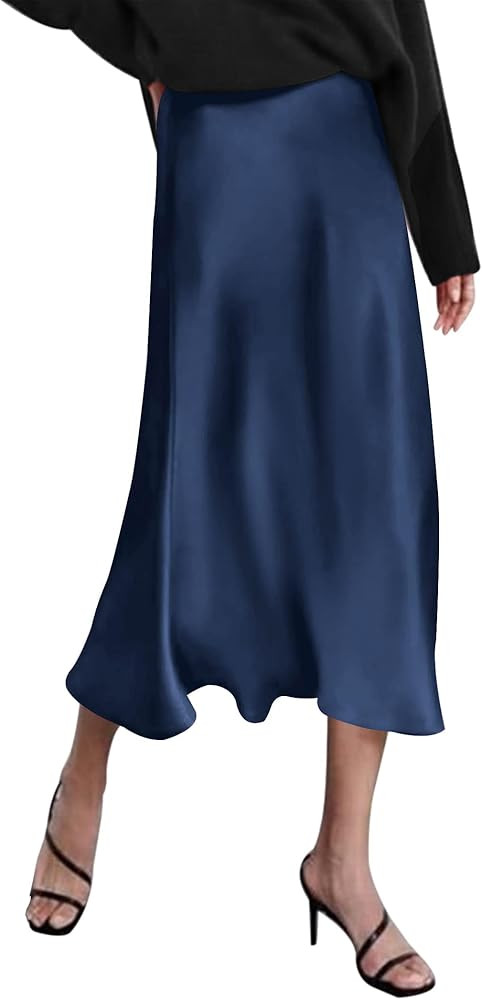 HOTOUCH Womens Midi Skirt High Waisted Solid Satin Dress Zipper Elegant Work Skirts | Amazon (US)
