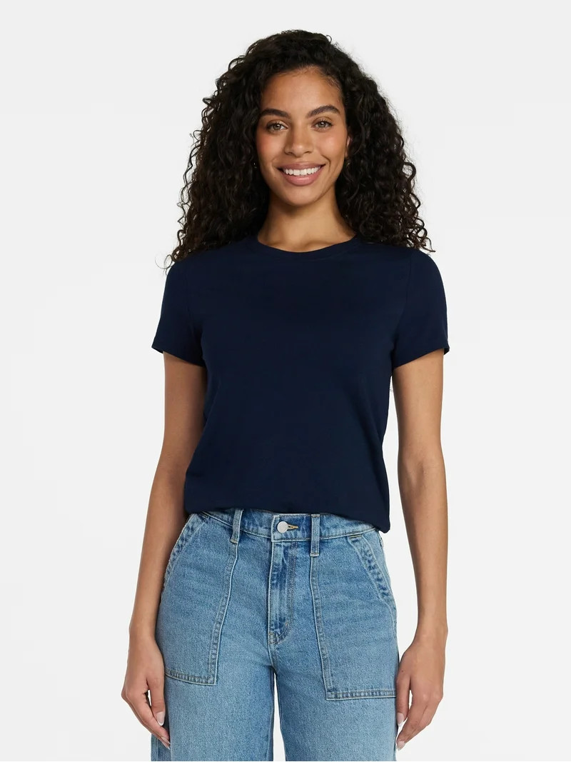 Time and Tru Women's Slim Fit Crewneck Tee with Short Sleeves, Sizes XS-XXXL | Walmart (US)