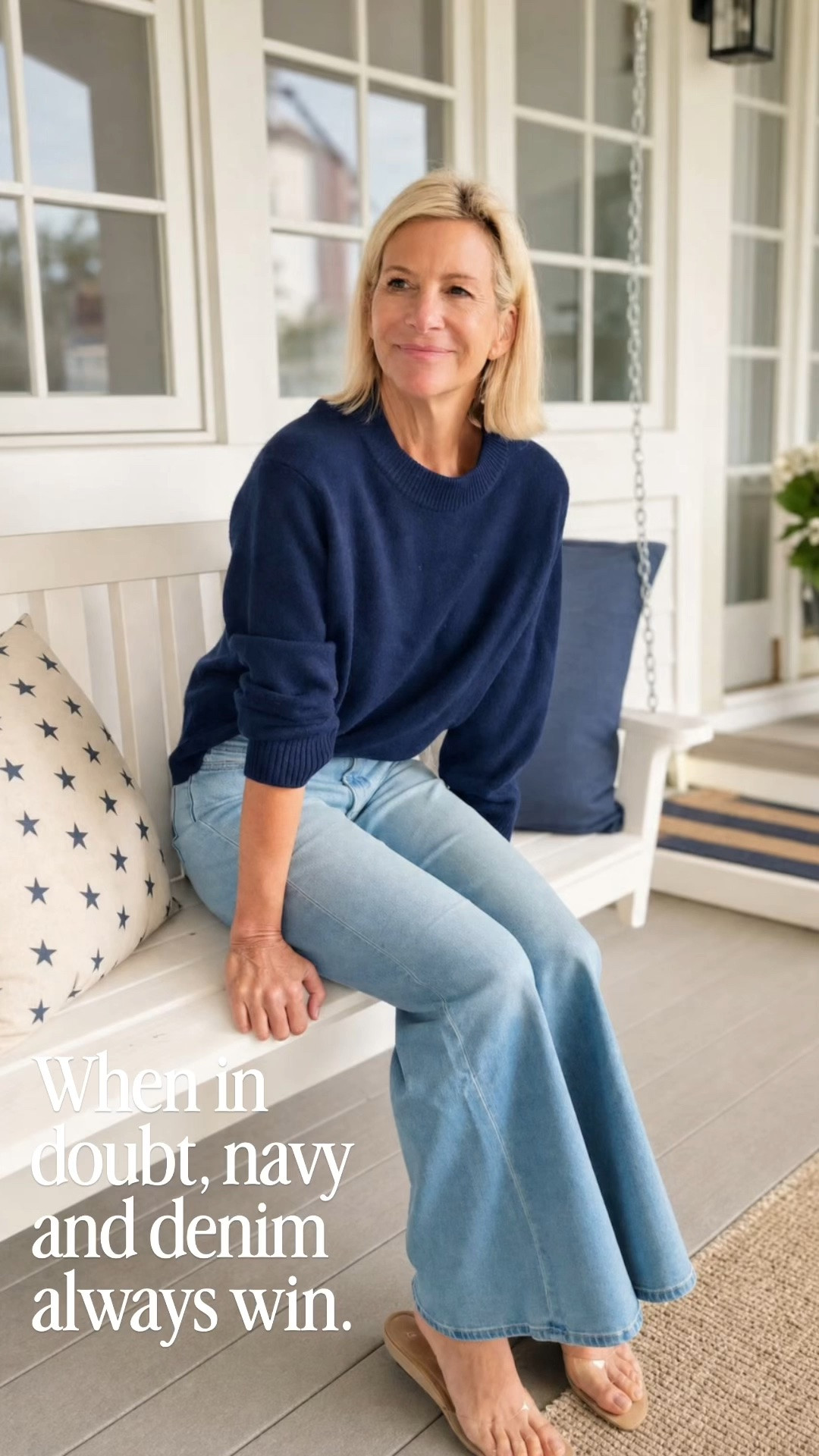 This navy sweater and light wash jeans are the definition of effortless style. The sweater is soft without feeling bulky, and these jeans have the perfect flattering fit and length for everyday wear.

👩‍💻 LTK PRO TIPS
❤️ Heart = Support my posts ;-)
🔖 Save = Get sale & restock alerts for the things you love!
📋 Lists = Keep favorites organized (List ideas: Christmas, Birthdays, and Vacations!)
📲 Share = Send lists and products to a friend (or your daughters like me).
💬 Comment = Ask me anything, and I’ll answer. ;-)

#LTKootd #LTKSeasonal #LTKOver40
