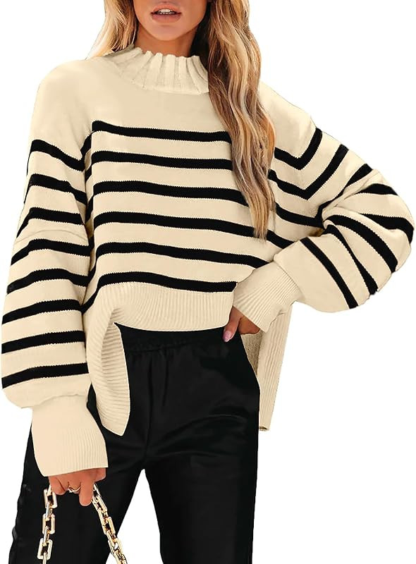 ETCYY NEW Women's Mock Turtle Neck Long Sleeve Striped Oversized Side Slit Soft Knit Pullover Sweate | Amazon (US)