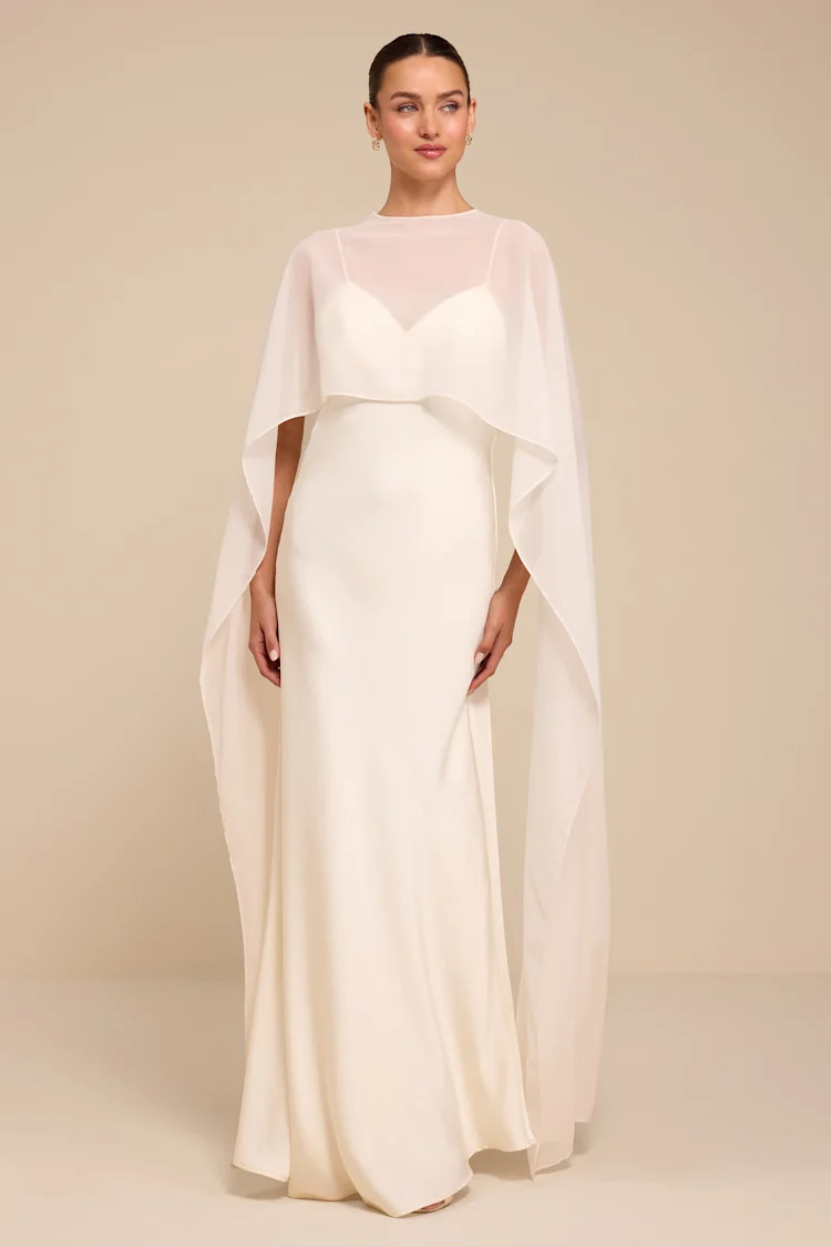 Mercedes White Satin Cape Wedding Dress | Lulus