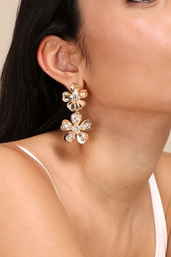 Fantastic Blooms Gold Rhinestone Flower Statement Earrings | Lulus