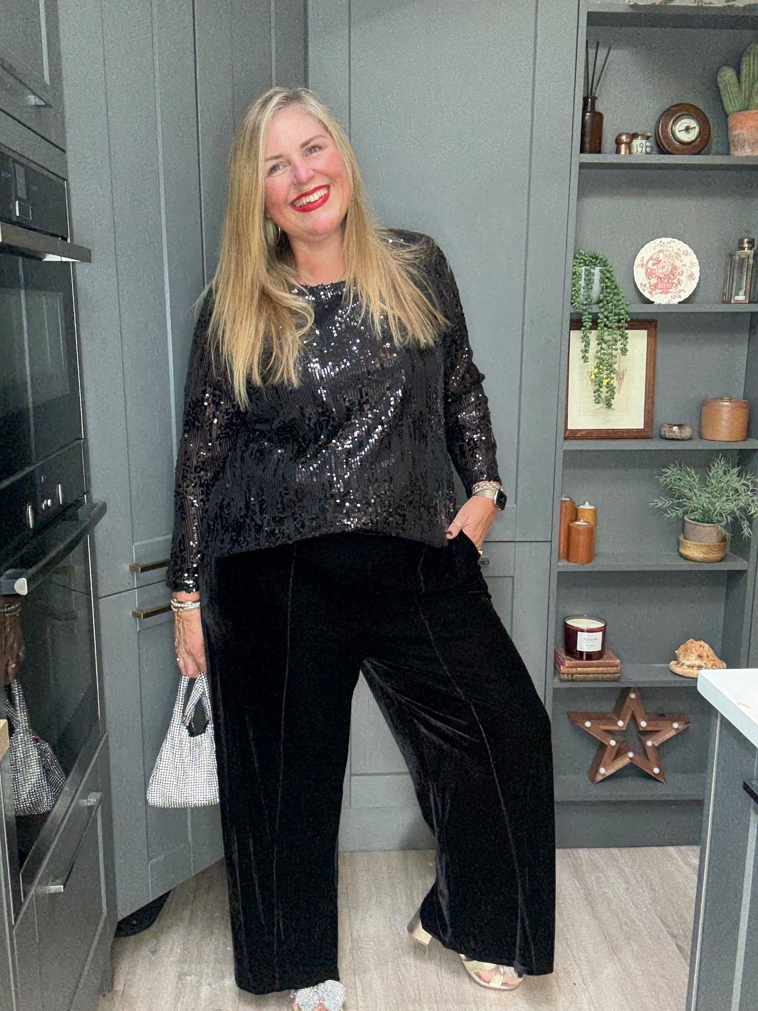 Velvet wide leg trousers, sequin black top, sparkly heels, sparkly bag 

#LTKfestive #LTKpartywear #LTKplussize
