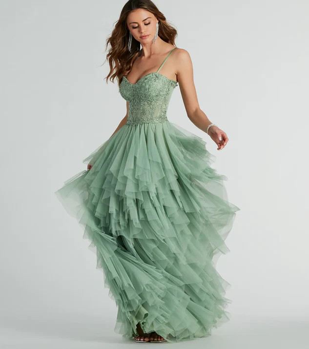 Keyla Floral Applique Tiered Ruffle Tulle Gown | Windsor Stores