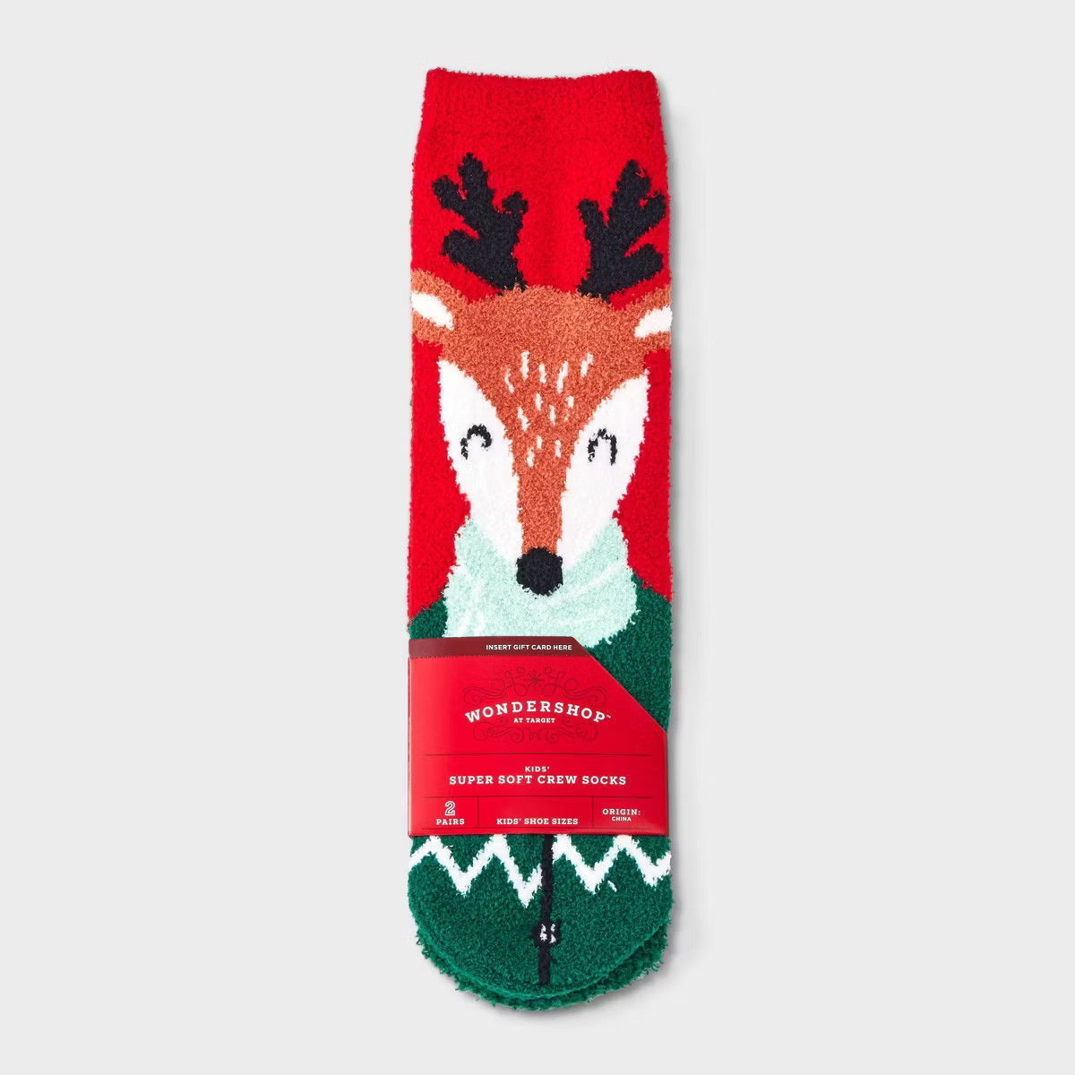 Kids' 2pk Winter Reindeer Cozy Crew Socks with Gift Card Holder - Wondershop Red/Dark Green | Target