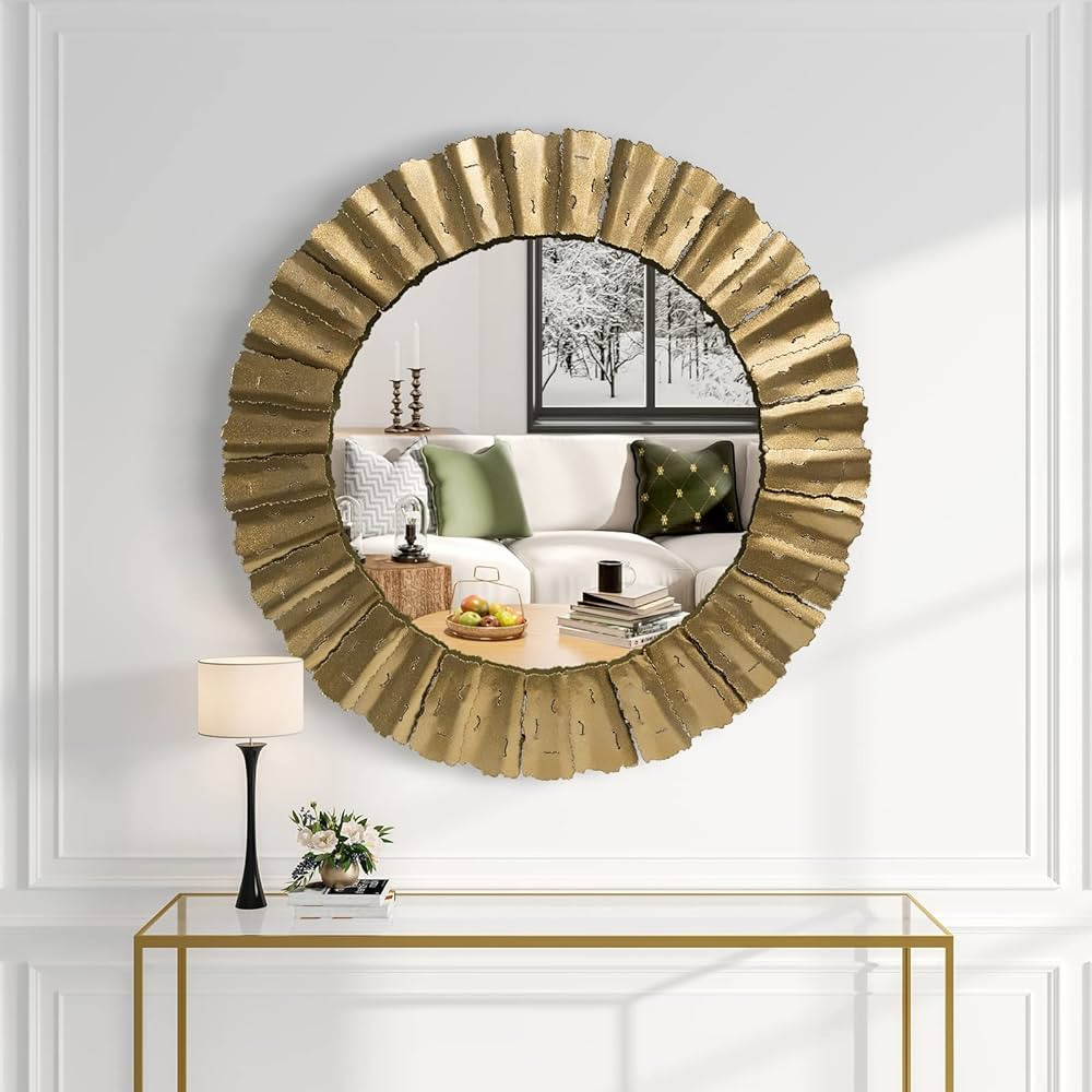 Gold Mirror, Handcrafted Round Wall Mirrors Decorative Modern Wall-Mounted Mirrors for Living Roo... | Amazon (US)
