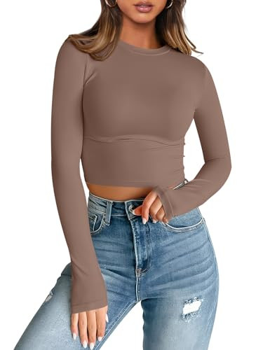 Trendy Queen Womens Long Sleeve Crop Tops Basic Slim Fitted Shirts Casual Fashion 2025 Going Out Y2k Tops Teen Girl Clothes Coffee Grey L | Amazon (US)