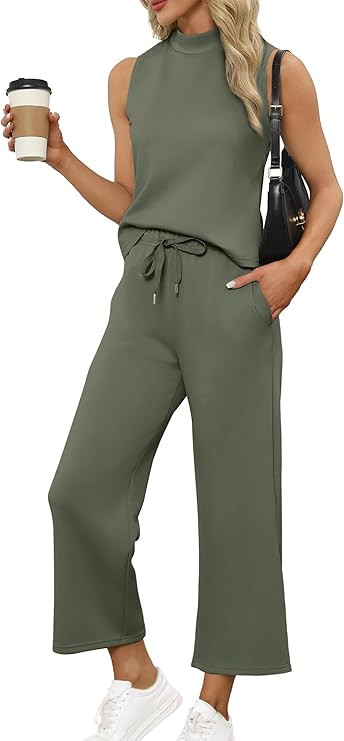 SAMPEEL Two Piece Sets for Women Summer Outfits Lounge Sets Mock Neck Tops Wide Leg Crop Pants Va... | Amazon (US)