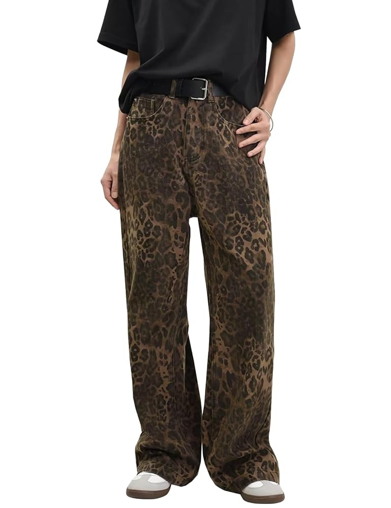 LONGBIDA Leopard Print Y2K Pants Womens Baggy Wide Leg Jeans with Pockets High Waisted | Amazon (US)