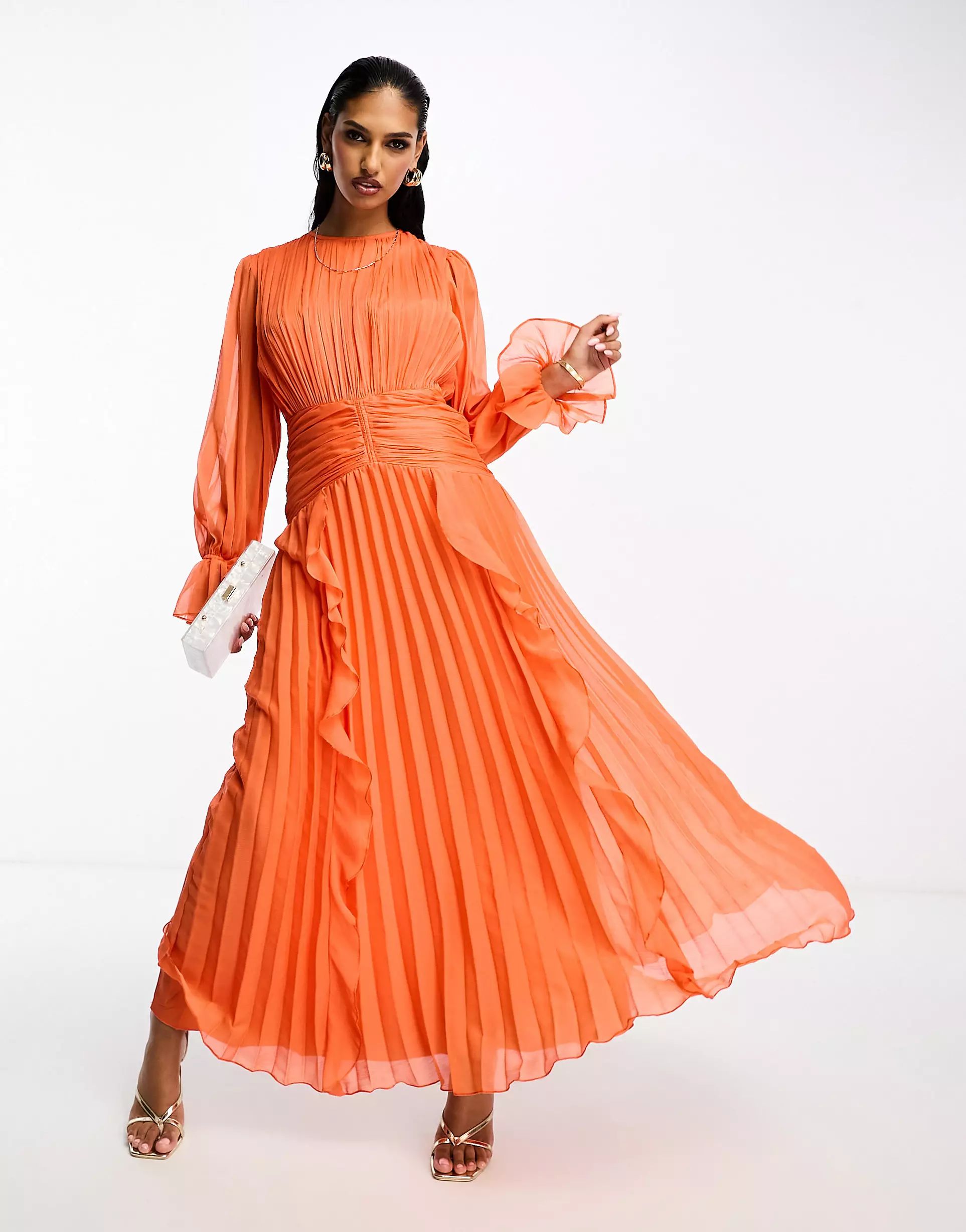 ASOS DESIGN high neck ruched belt detail maxi dress in burnt orange | ASOS (Global)