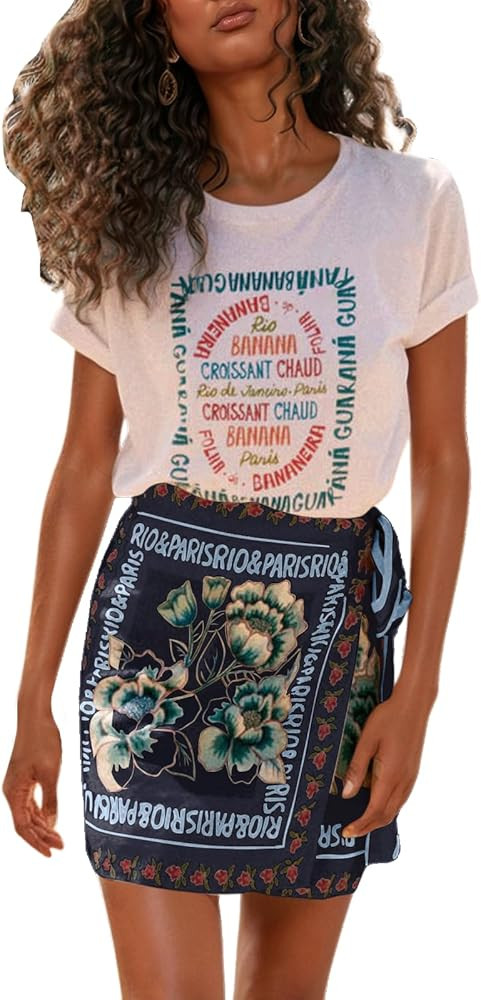 CHARTOU Women's Summer Floral Print Wrap Short Skirt Knot Side High Waist A Line Beach Mini Skirt | Amazon (US)