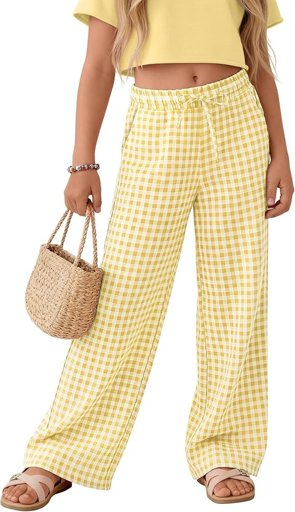 Oakgarden Girls' Gingham Pants Wide Leg High Waist Drawstring Elastic Waist Casual Plaid Trousers... | Amazon (US)