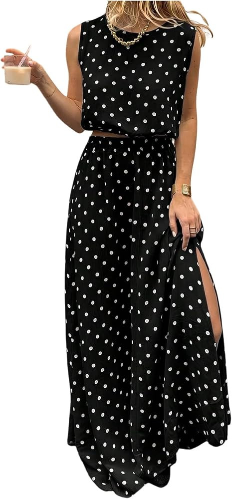 Verdusa Women's 2 Piece Polka Dots Outfits Tank Tops with Maxi Skirt Sets | Amazon (US)