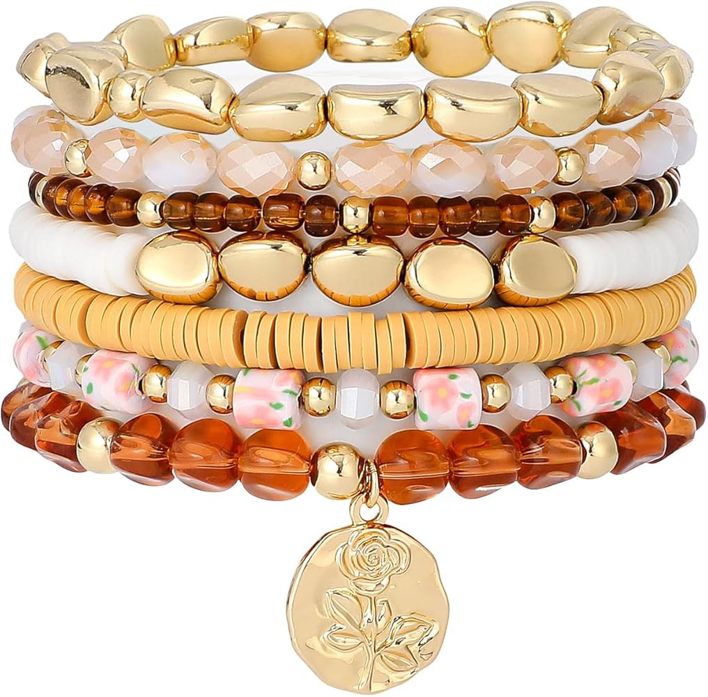 GOOJIDS Surfer Heishi Clay Bead Bracelets for Women Bohemian Stackable Gold Plated Beaded Stretch... | Amazon (US)