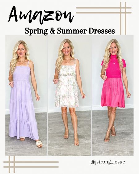 Amazon dresses for Spring and Summer! Purple smocked dress has elastic waist and adjustable straps, take on vaca with you! Floral tiered dress has tie adjustable straps, wear to a shower or wedding. Pink dress has a sweater knit top and satin skirt, wear for any occasion. 

#LTKstyletip #LTKfindsunder50