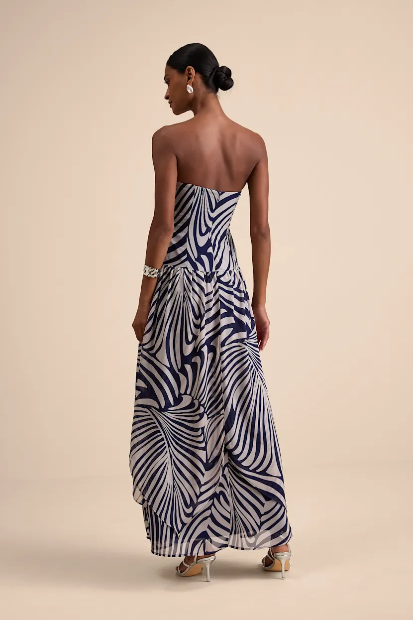 Calista Navy Print Ruched Drop Waist Maxi Dress | Lulus