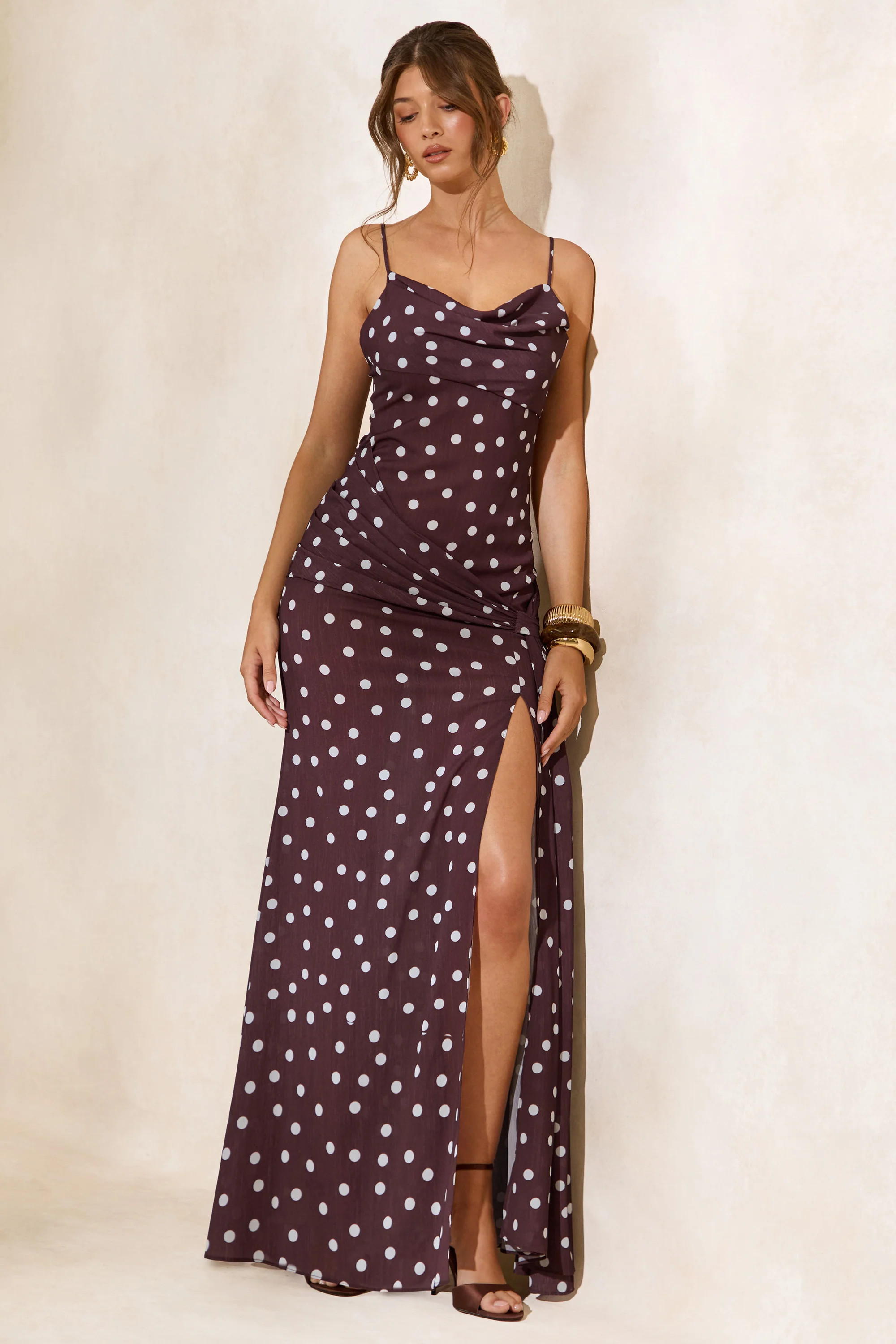 Virtue | Brown & White Sheer Polka Dot Cowl-Neck Fishtail Maxi Dress W | Club L London
