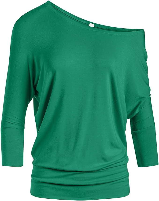 Dolman Tops for Women Off The Shoulder Tops Banded Waistband Shirts 3/4 Sleeves Regular and Plus ... | Amazon (US)