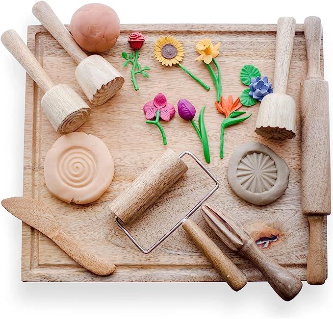 KOOKAROO Playdough Tools for Kids | 7 Wooden Playdough Toys + 1 Wooden Board | Playdough Sets for... | Amazon (US)