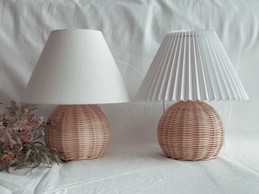 Large Sized Rattan Lamp Cotton Shade, Pleated Shade, Perfect Pair, Wicker Table Lamp, Handmade Ra... | Etsy (US)