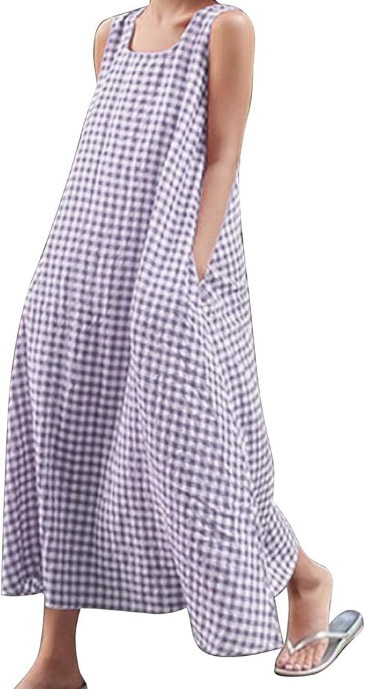SOMTHRON Women's Summer Plaid Tank Maxi Dress Sleeveless Square Neck Checkered Beach Long Dress w... | Amazon (US)