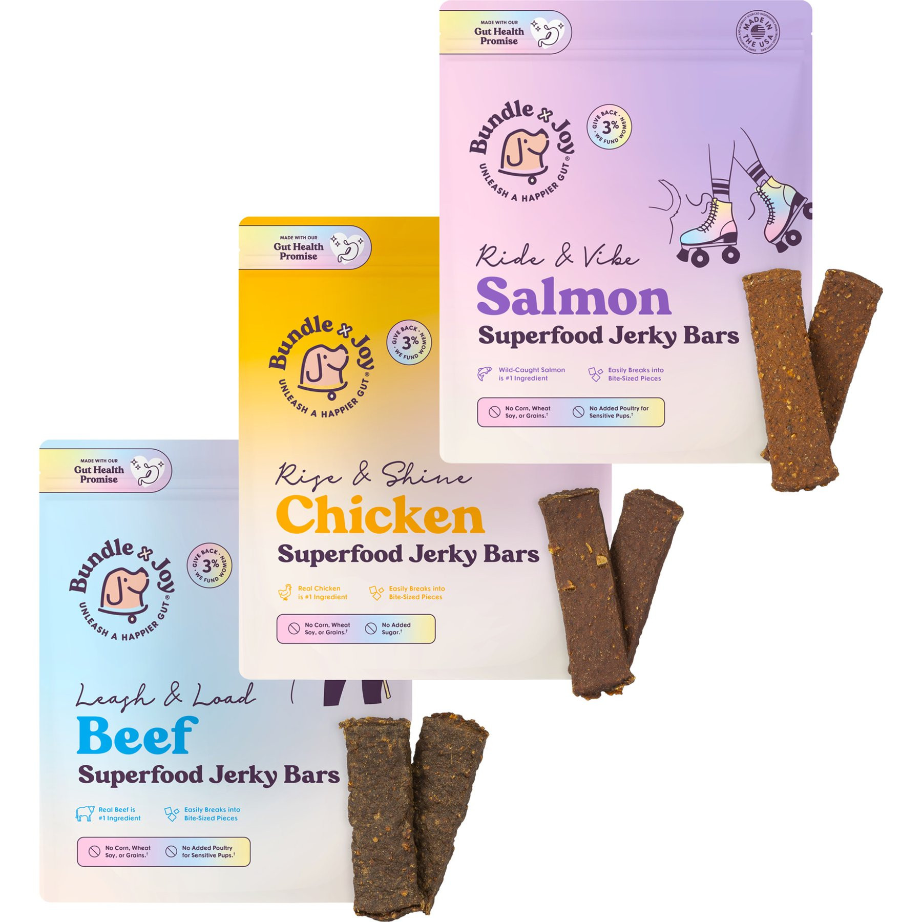 Bundle x Joy Grain-Free Superfood Bars Jerky Dog Treat Variety Pack: Rise & Shine Chicken, Ride & Vibe Salmon, Leash & Load Beef, 15-oz bundle | Chewy