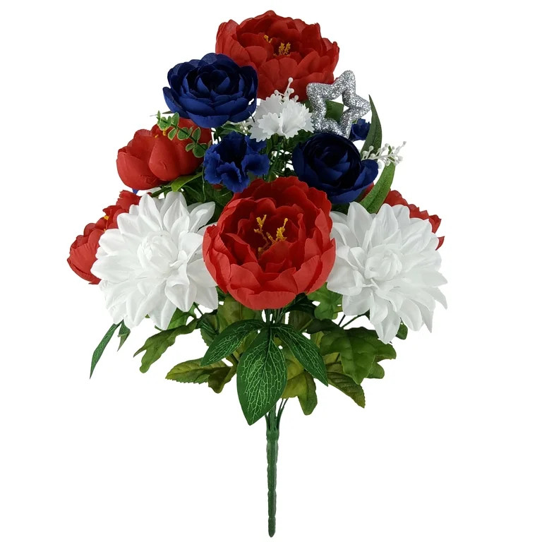 Mainstays 21in Indoor Artificial Floral Bouquet, Dahlia and Peony Flowers, Blue, Red White Colors... | Walmart (US)