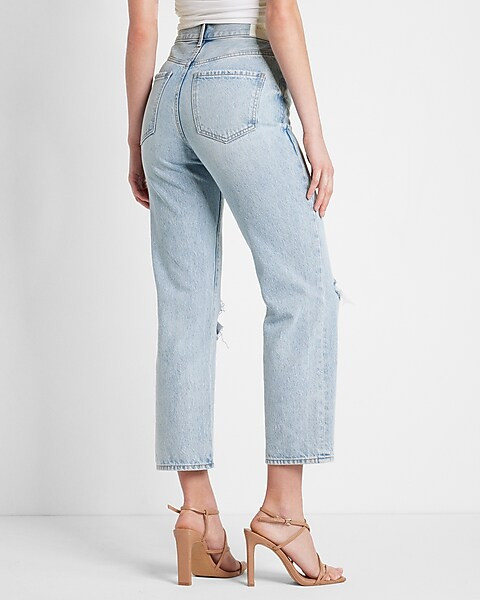 High Waisted Light Wash Ripped Straight Ankle Jeans | Express