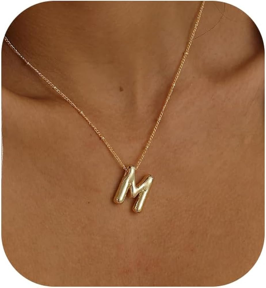 Initial Necklaces for Women, 14k Gold Plated Bubble Letter Necklace Chunky Gold Necklace Dainty C... | Amazon (US)