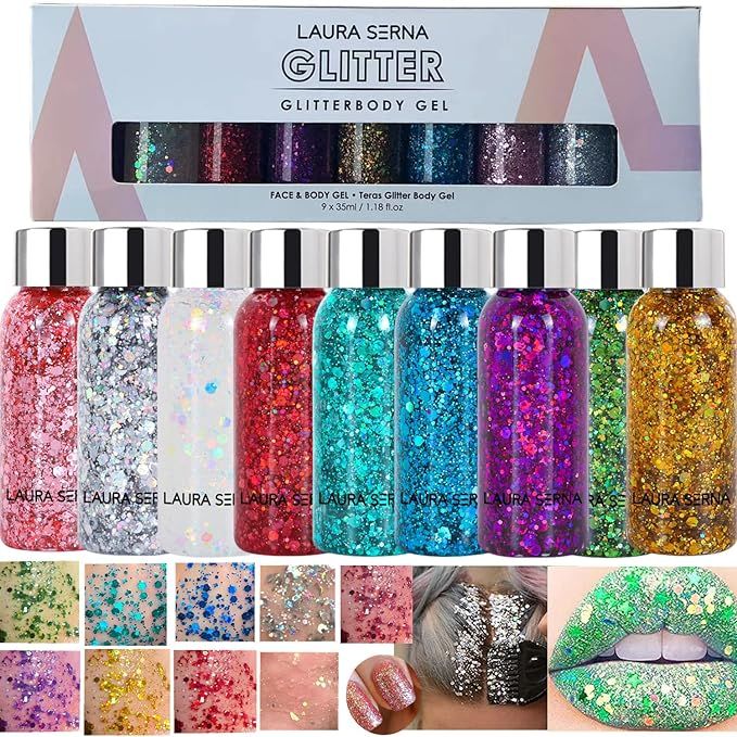 9 Pack Body Glitter Gel, Mermaid Sequin Chunky Glitter Face Hair Nail Lip Glitter Gel Lasting Spa... | Amazon (US)