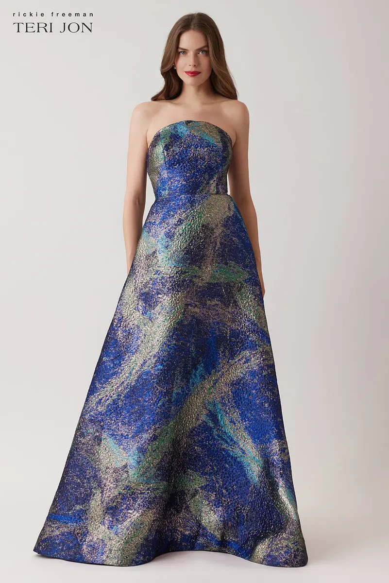 Strapless Jacquard Starburst Pattern Gown | TERI JON
