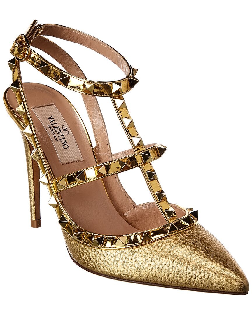 Valentino Rockstud Caged 100 Metallic Leather Ankle Strap Pump | Ruelala