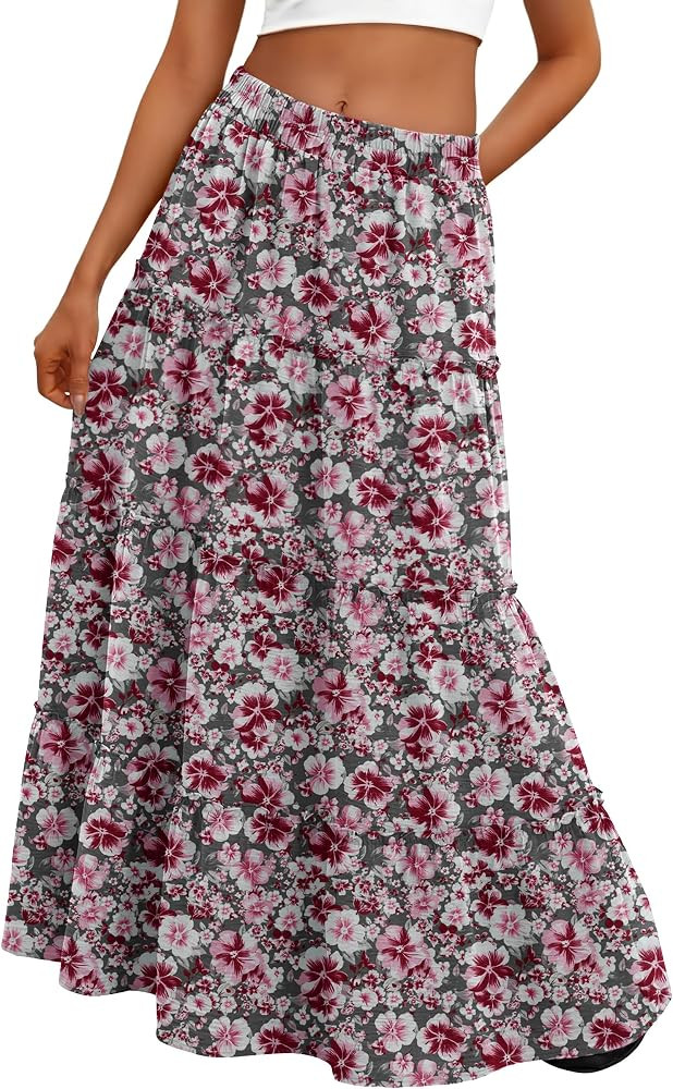Women Tiered Ruffle Maxi Skirt High Waist Pockets Boho | Amazon (US)