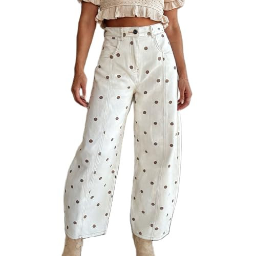XBTCLXEBCO Polka Dot Jeans Women Y2K Print High Waisted Wide Leg Denim Pants Vintage Stretchy Boyfriend Jeans 90s Streetwear(Light Brown,Medium) | Amazon (US)