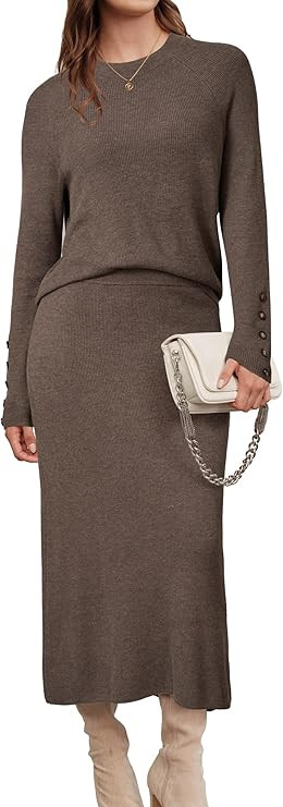 Arach&Cloz Women's Wool Blend Sweater 2 Piece Sets Winter Business Long Sleeve Top Midi Skirts Ou... | Amazon (US)
