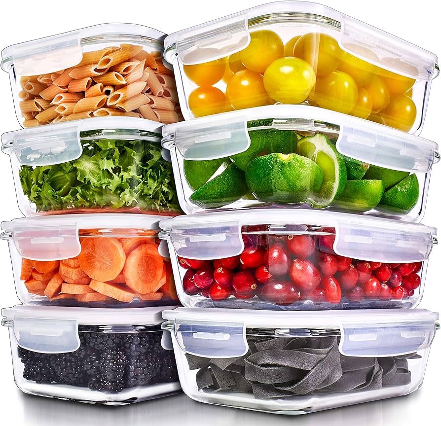 PrepNaturals 8 Pack Glass Food Storage Containers with Lids - Leakproof Glass Meal Prep Container... | Amazon (US)