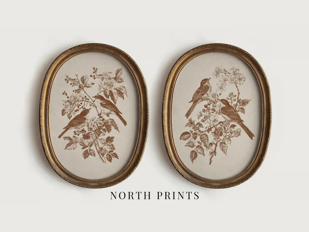 Antique Songbird Print Set, Vintage Botanical Wall Art, Bronze Copper Brown PRINTABLE Wall Art (D... | Etsy (US)